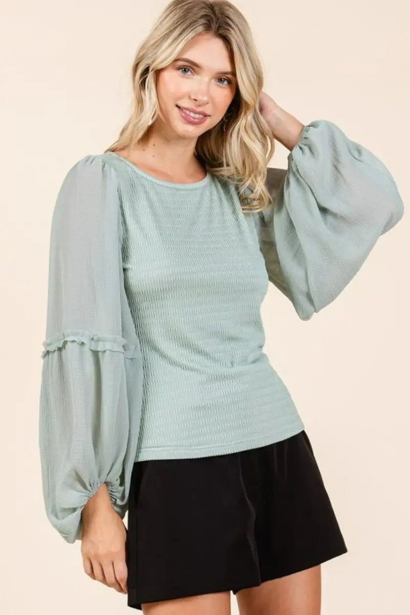 Mittoshop Mixed Media Textured Knit Chiffon Long Sleeve Top - Love Salve